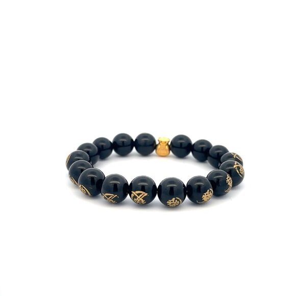 24K Yellow Gold Money Bag Lucky Bracelet Carved Black Agate Gemstones 10mm - Picture 4 of 5